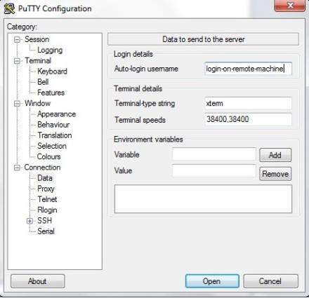 Login Configuration screen for putty