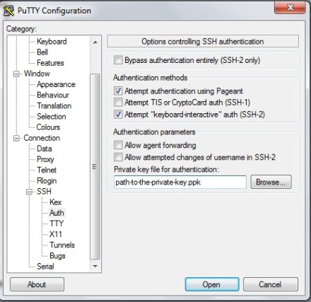 Private Key Configuration screen for putty